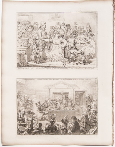 James Gillray originalsThe Cow-Pock; or, the Wonderful Effects of the New Inoculation!

Scientific Researches! New Discoveries in Pneumaticks! Or, an Experimental Lecture on the Powers of Air